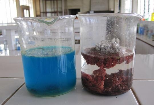Beaker of blue solution beside beaker with red precipitate in clear solution.