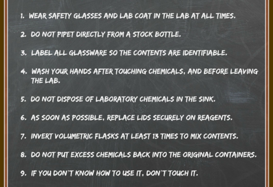 Stacey’s Top 10 Lab Rules poster. 1. Wear safety glasses and lab coat in the lab at all times. 2. Do not pipet directly from a s