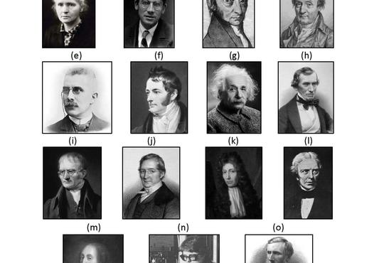 Famous scientists puzzle fifteen black and white photos of scientists each with a letter above them