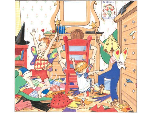 Cover of Jillian Jiggs book cover showing three children playing in a messy room
