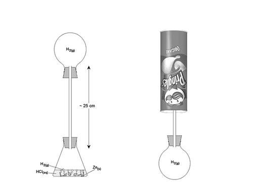 Flask with a bubbling solution connected to balloon; balloon attached to a tube inserted into upside down Pringles can