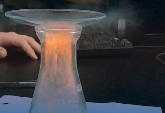 Orange flames on top of a clear solution in an Erlenmeyer flask. A watch glass on top of the flask.