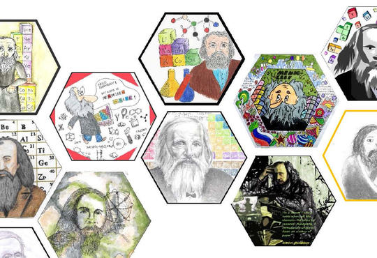 Eleven different drawings for submissions to Mendeleev mosaic