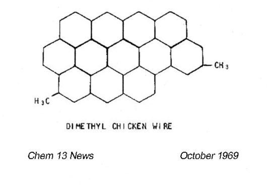 12 hexagons all attached which look like a molecule in a wire structure with a methyl group on either end of the molecule