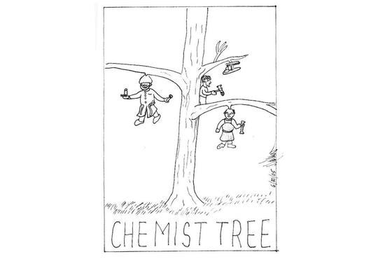 a drawing of three chemists on tree limbs