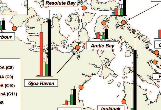 FIGURE 4 (Shown to the right) Concentrations of perfluorooctanoic acid derivatives in seal liver near 11 Arctic communities.