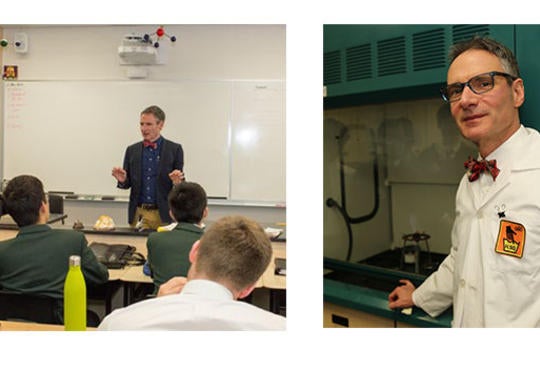 Michael Jansen teaching in front of the classroom and a photo of him in front of the fumehood