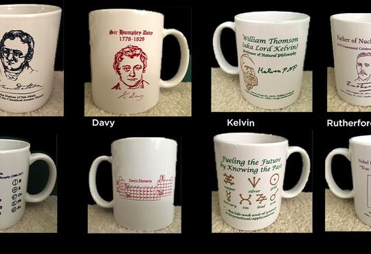 four mugs, each with a signature on the front  and an elemental diagram on the back -- Dalton, Davy, Kelvin, and Rutherford 