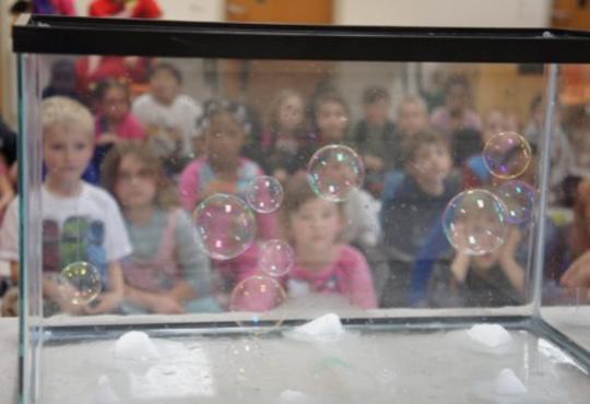 Soap bubbles floating in an empty aquarium tank with children in the background watching. 