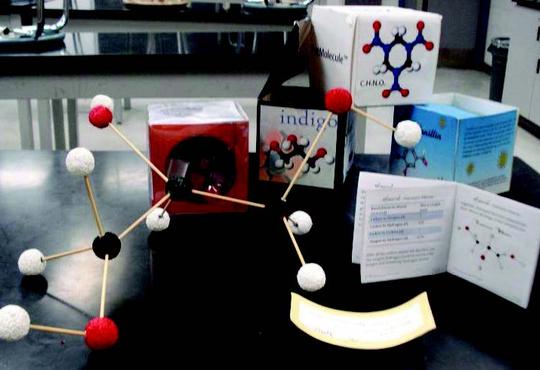 several boxes labels with molecules for students' pet molecule project 