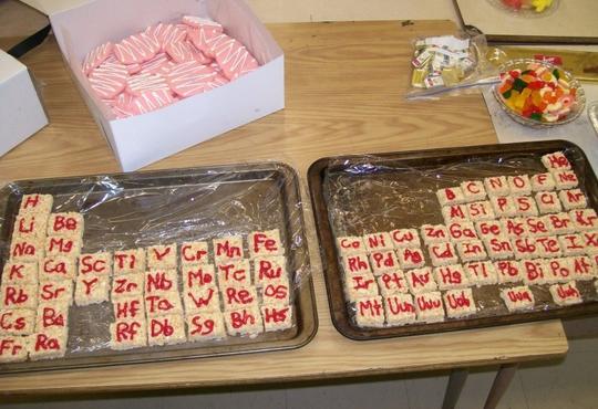 A periodic table made with Rice Krispies squares. The elemental names written in red icing