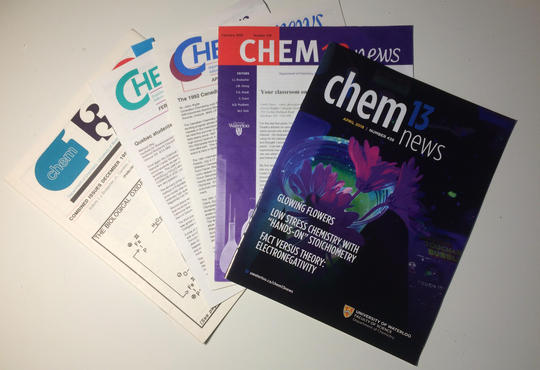 Five issues of Chem 13 News magazines spread out in a fan
