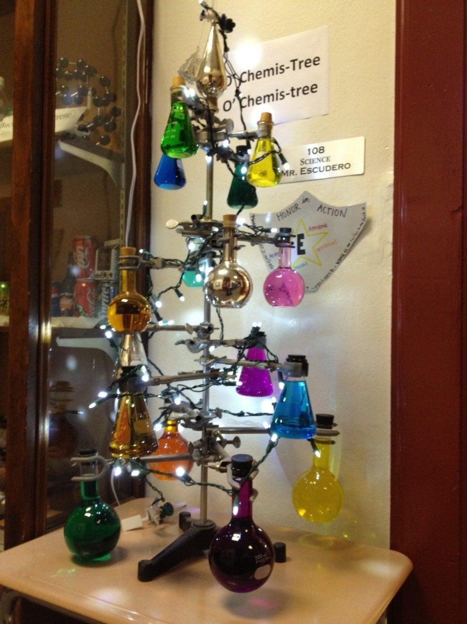 Christmas tree made from retort stand, clamps, and flasks.