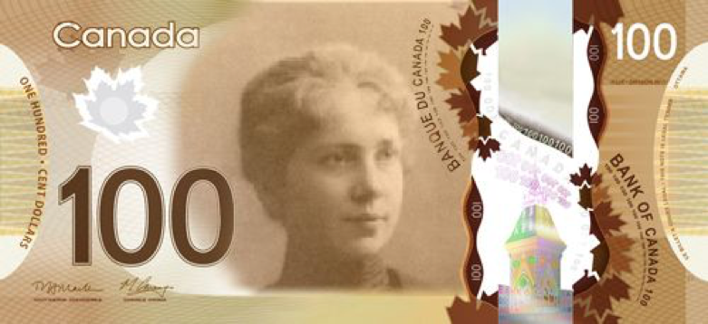 Canadian hundred-dollar bill with photo of Harriet Brooks.