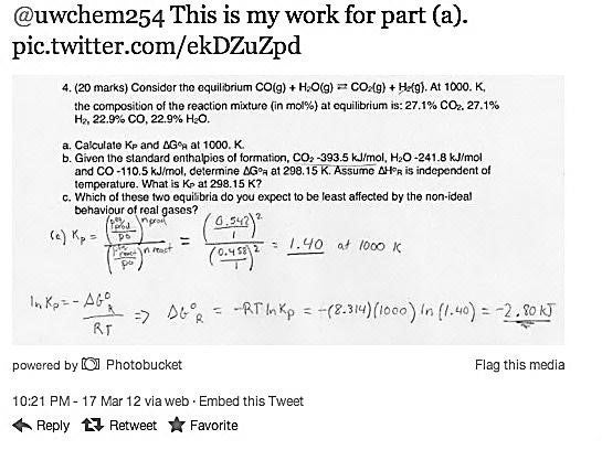 A Twitter screenshot showing a message directed at @uwchem254 and a photo of student’s handwritten work. At the bottom of the screenshot the option to Reply Retweet or Favourite are circled.