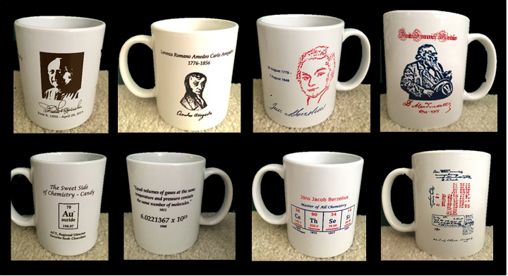 Mugs with pictures of chemists, signatures and chemical symbols.