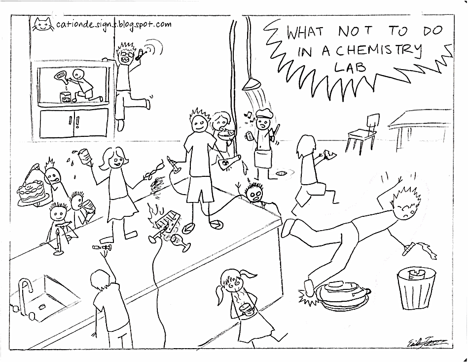 Comic of what not to do in a chemistry lab from cationdesigns.