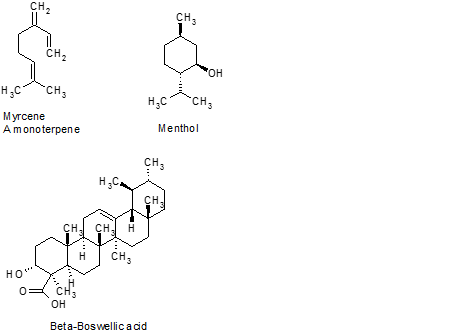 Myrcene amonoterpene, menthol, and Beta-Boswellic acid structures.