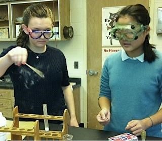 Two girls adding zinc metal to copper sulfate solution.