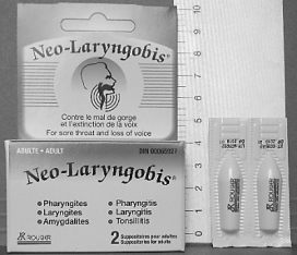 Neo-Laryngobis suppositories and ruler.