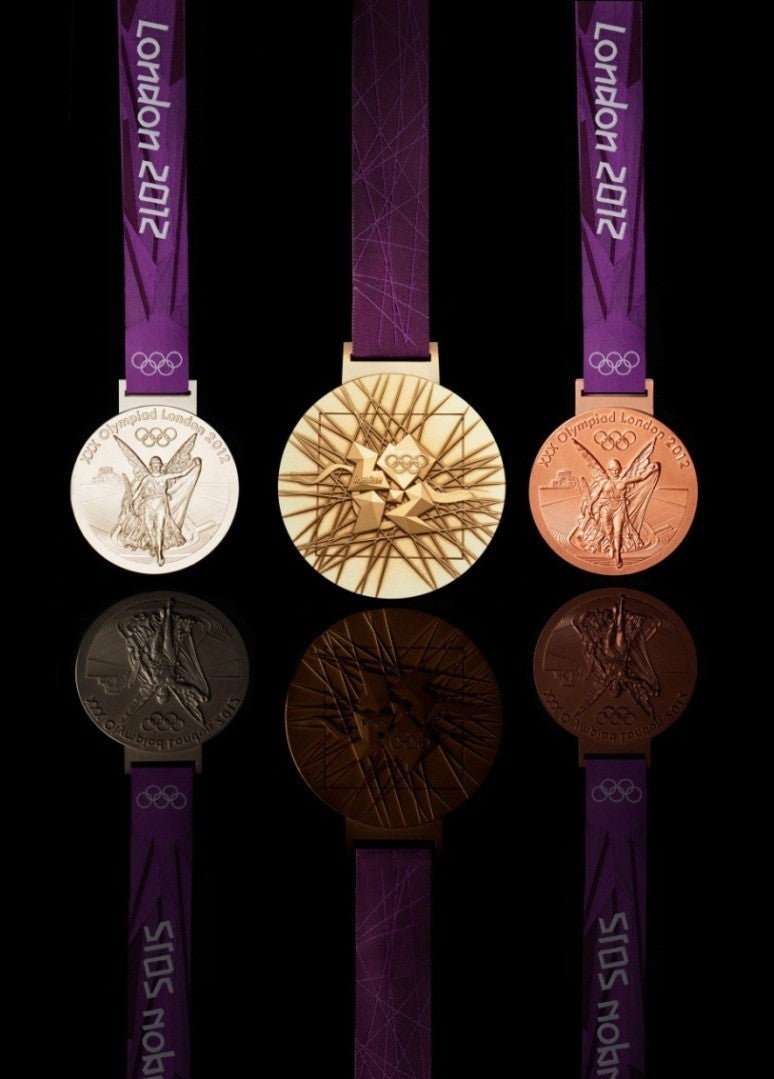 Silver, gold, and bronze medals of the London 2012 Olympics.