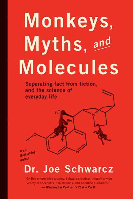 Cover of Monkeys, Myths, and Molecules book by Dr.Joe Schwarcz with monkeys and a molecule line drawing.