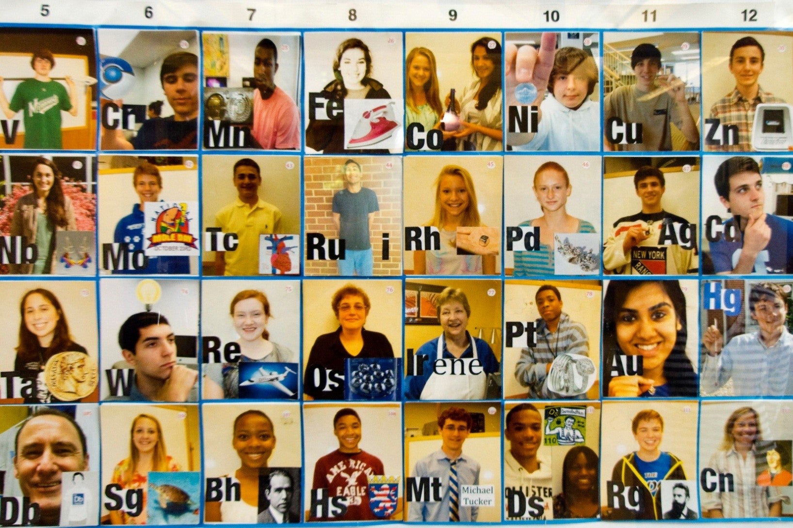 Periodic table with a picture of a school member in each element.