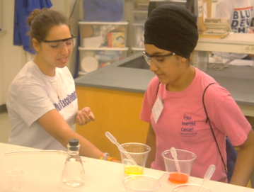 Two women with chemistry equipment.