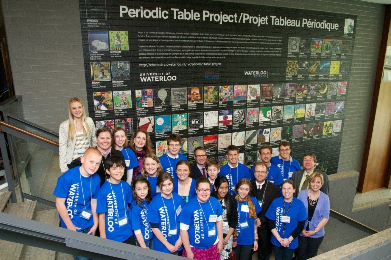 About 30 people, mostly young teenagers, dressed mostly in blue T-shirts with words “University of Waterloo” standing in front of the 2-story high Periodic Table Project Wall mural.