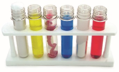 Six test tubes each with coloured substances.