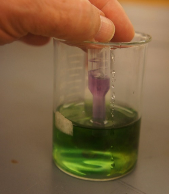 Pipette in a beaker with green and blue solution.
