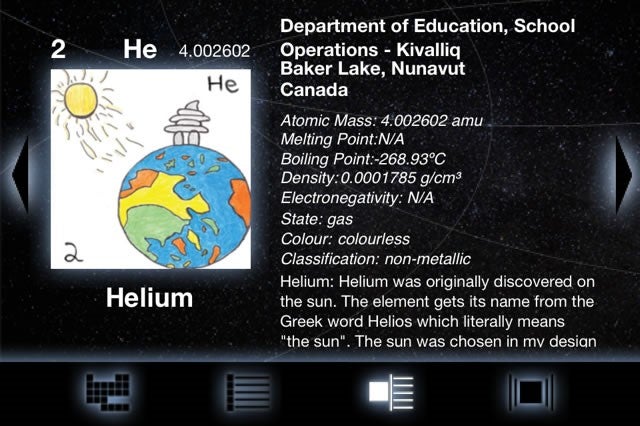 Periodic Table Project Apple app’s screenshot of deign tile and elemental properties for helium Alt tag.
