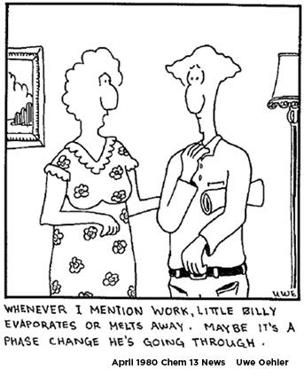 mother looking at her husband saying – Whenever I mention work, Little Billy evaporates or melts away. Maybe it’s a phase change he’s going through.