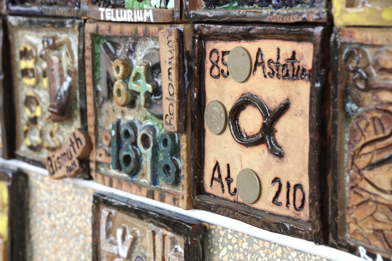 Close-up of handmade periodic table showing Po and At.