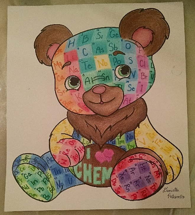 A hand drawn bear with periodic table on it.