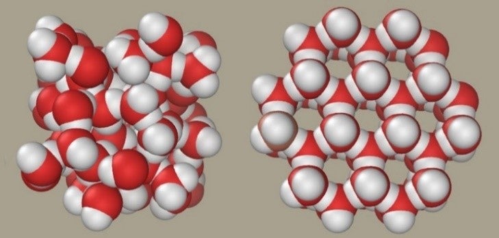 space-filling models of liquid water with very little space between molecules and the solid water with regular spaces in the arrangement of molecules