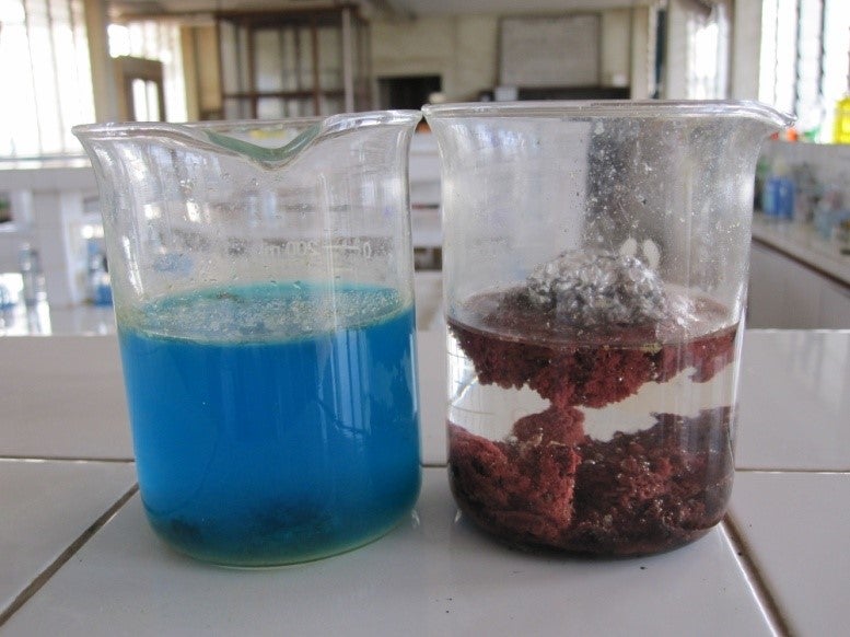 Beaker of blue solution beside beaker with red precipitate in clear solution.