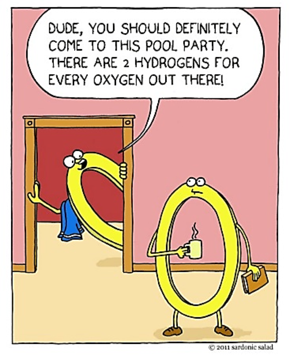 Cartoon oxygen with one saying to the other &quot;Dude, you should definitely come to this pool party. There are 2 hydrogens for every oxygen out there!