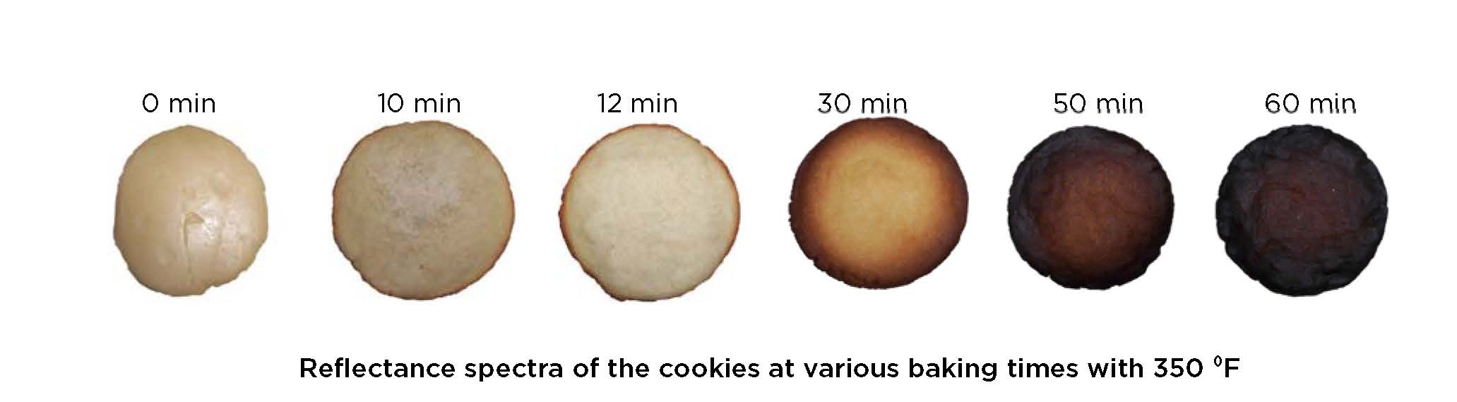 Reflectance spectroscopy of a sugar cookie baking six cookies on gradually starting while going to a darker brown