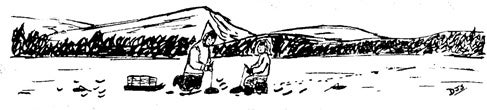 a paper and pen drawing of two Inuit ice fishing