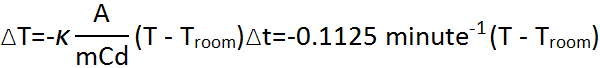 In this experiment, Equation 3 equals -0.1125 per minute times p’ren T minus T room p’ren