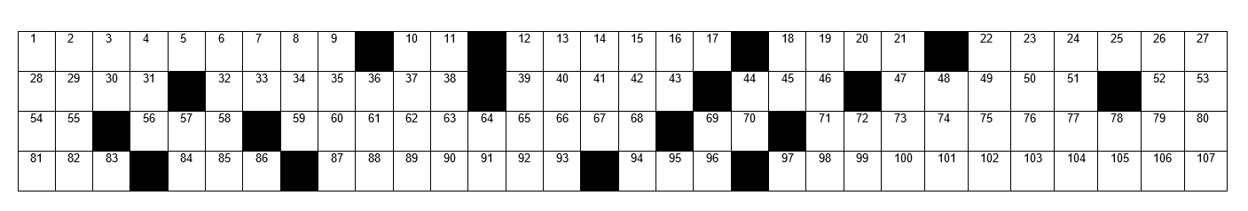 grid from 4 rows and 31 columns divided into 14 words to match giving clues