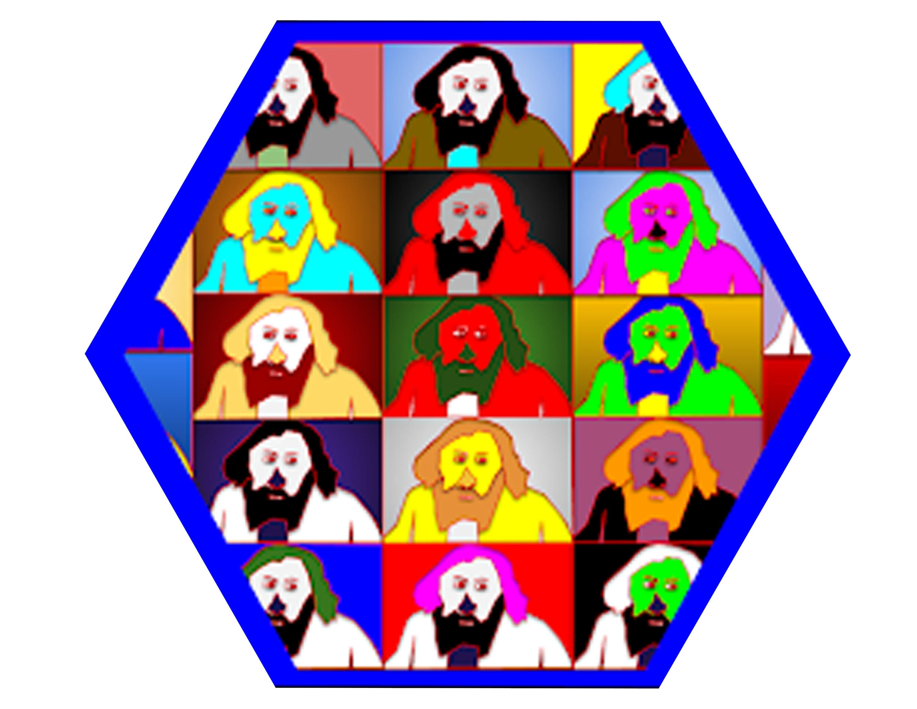 Fifteen smaller drawings of Mendeleev put into a collage.