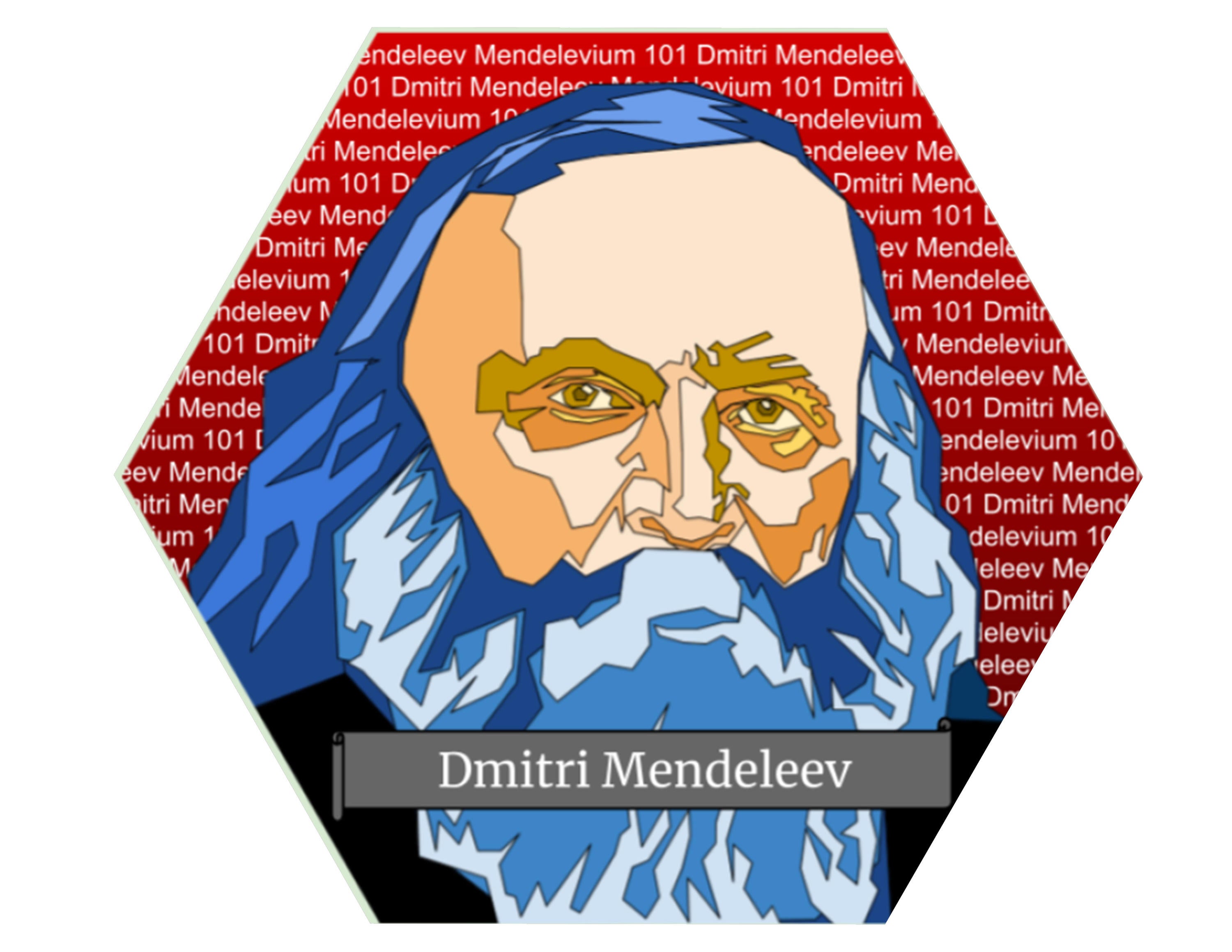 Digital portrait of Mendeleev with the words “Dmitri Mendeleev 101” written and repeated in the background