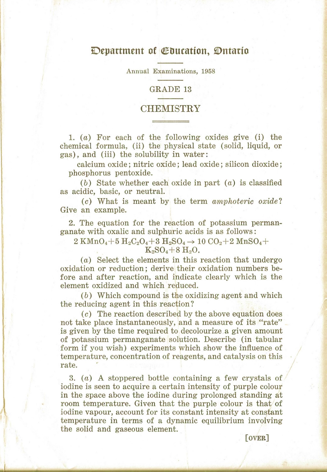 page 1 of an old 1958 Department of Education, Ontario grade 13 Chemistry exam 