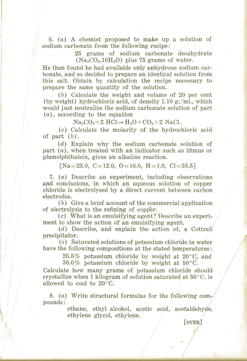 page 3 of an old 1958 Department of Education, Ontario grade 13 Chemistry exam