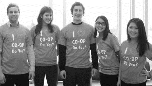 Students wearing t-shirts that read, I love co-op, do you?
