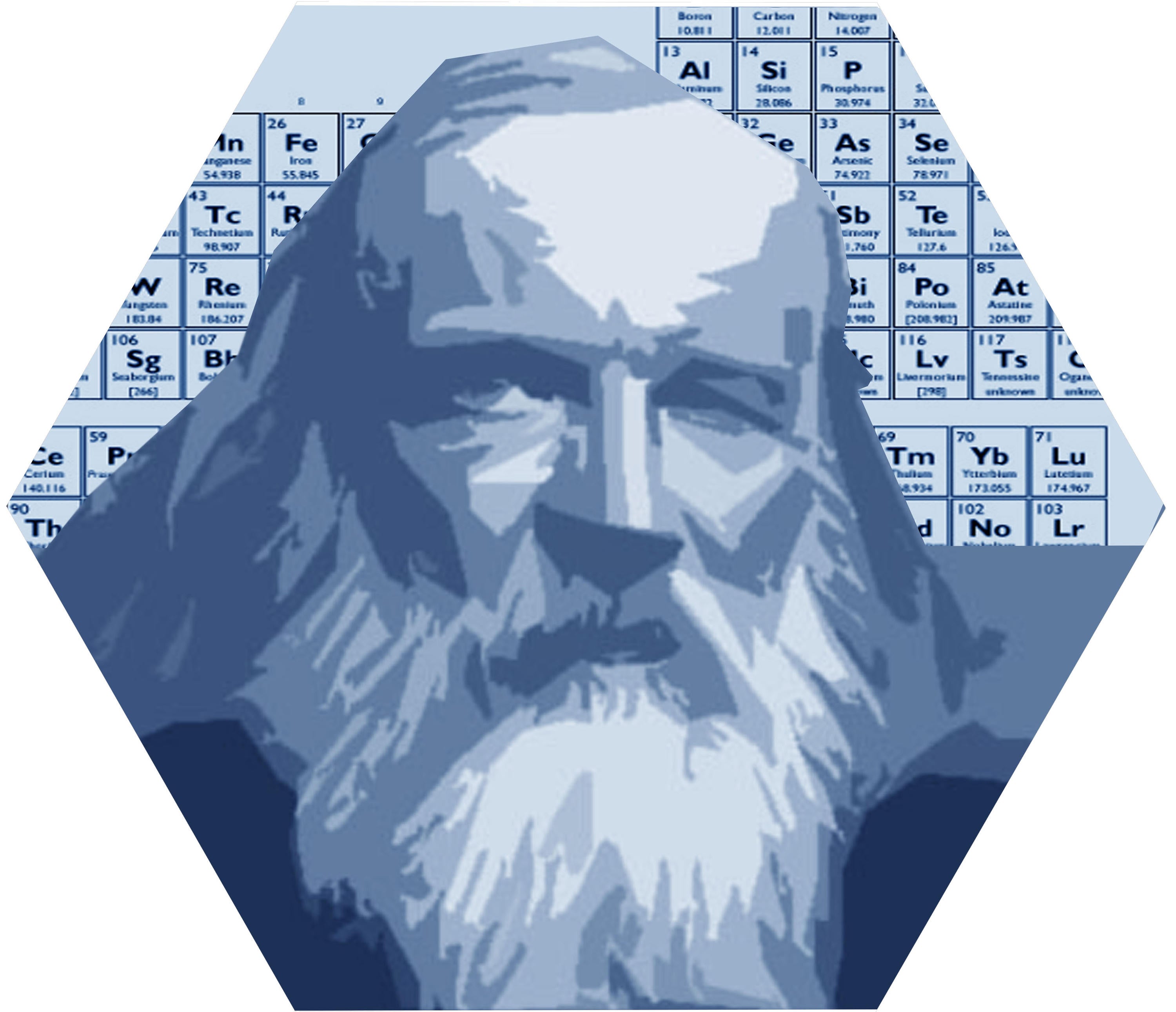 Mendeleev image photoshopped to be in blue colour with straight edges