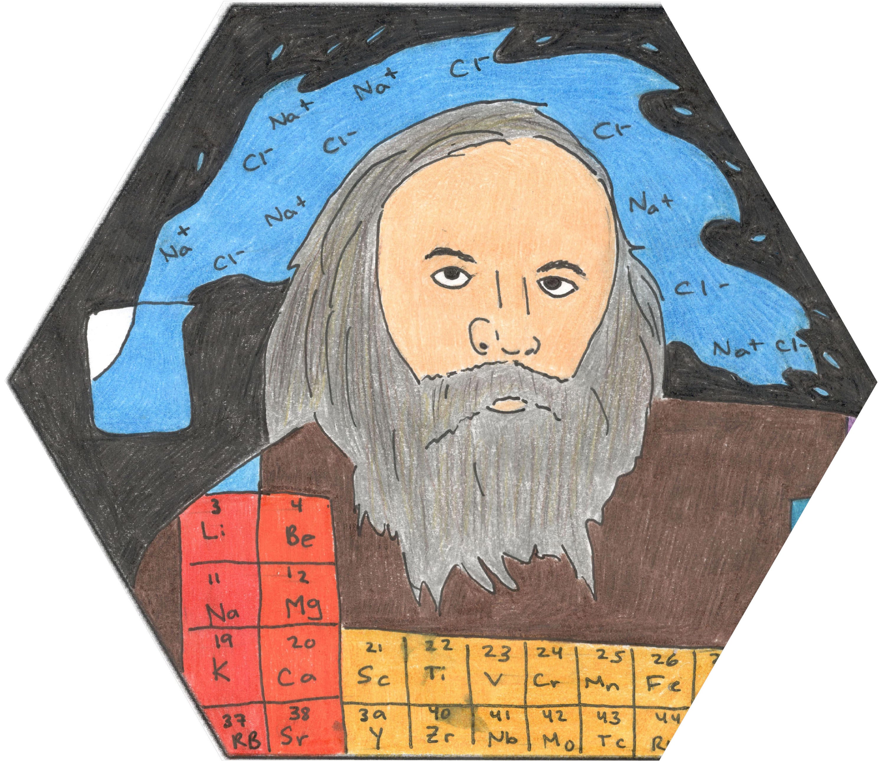 Mendeleev image coloured with pencil crayons with a periodic table in the background