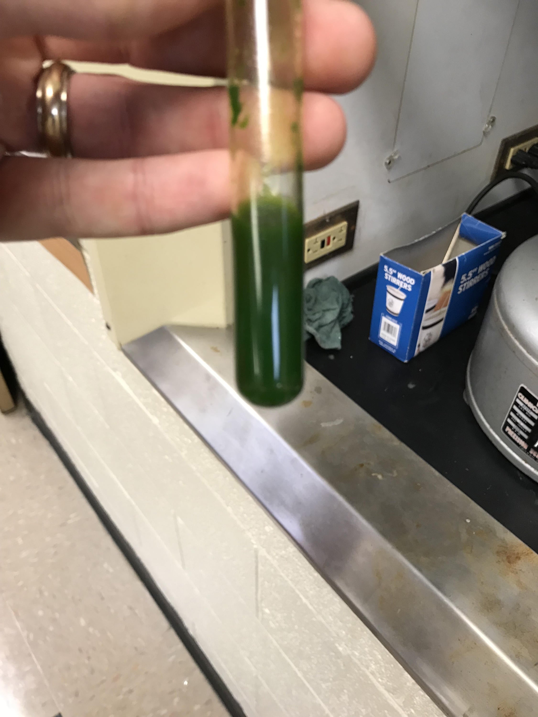 A test tube with a dark green solution